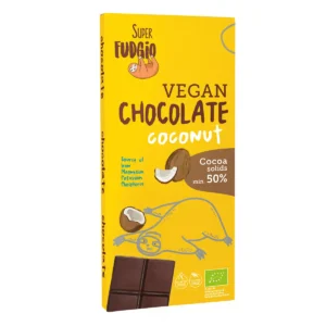 Ekologiczna wegańska czekolada kokosowa; czekolada w prostokątnym, żółtym kartoniku z grafiką leniwca i kokosa, ze zdjeciem tabliczki czekolady, logo super fudgio