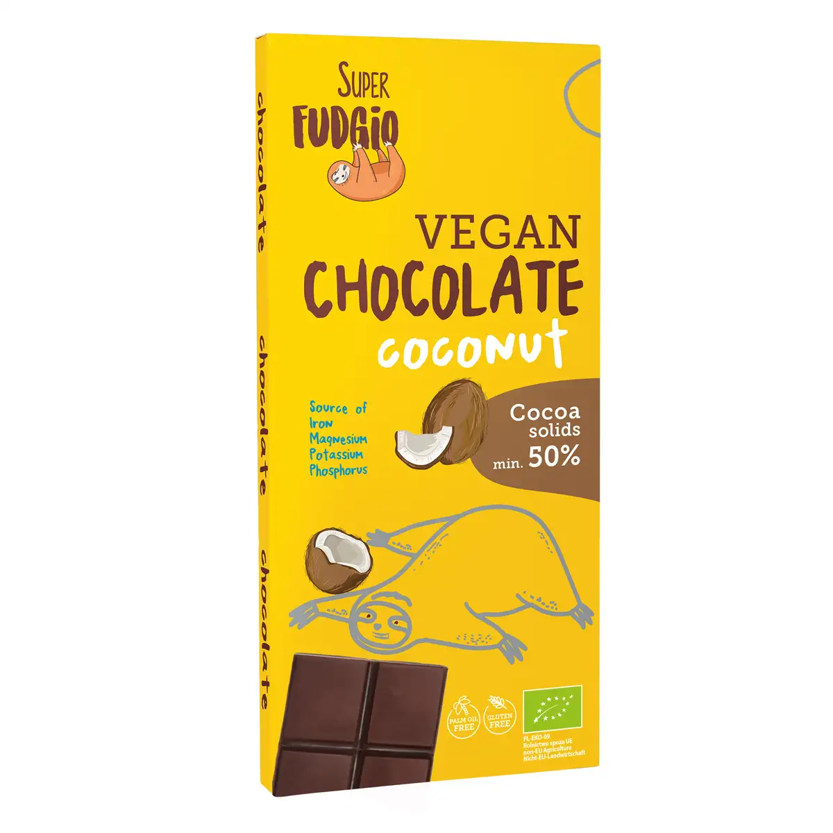 Wegańska czekolada kokosowa <b>80 g / d.10</b> 1 Ekologiczna wegańska czekolada kokosowa; czekolada w prostokątnym, żółtym kartoniku z grafiką leniwca i kokosa, ze zdjeciem tabliczki czekolady, logo super fudgio