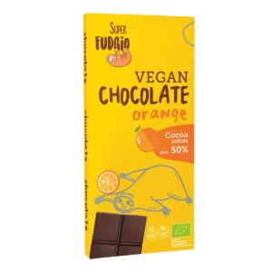 Ekologiczna wegańska czekolada pomarańczowa; czekolada w prostokątnym, żółtym kartoniku z grafiką leniwca i pomarańczy, ze zdjęciem tabliczki czekolady, logo super fudgio
