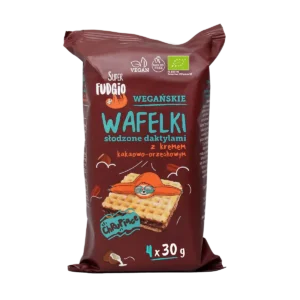 Ekologiczne wafelki słodzone daktylem z kremem kakaowo orzechowym. Wegańskie wafelki bez dodatku cukru. Słodzone daktylami. Wafelki z daktylem