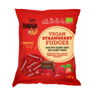 Organic milk free fudges strawberry; red foil packaging with a yellow circle with the Super Fudgio logo; transparent window through which the contents can be seen, candies in red wrapper, super fudgio logo