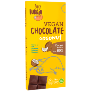Ekologiczna wegańska czekolada kokosowa; czekolada w prostokątnym, żółtym kartoniku z grafiką leniwca i kokosa, z grafiką tabliczki czekolady, logo super fudgio