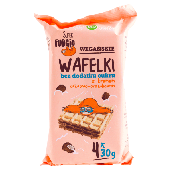 Ekologiczne wegańskie wafelki bez cukru z kremem kakaowo orzechowym super fudgio; prostokątne jasno różowe opakowanie, wafelek z postacią leniwca, logo super fudgio