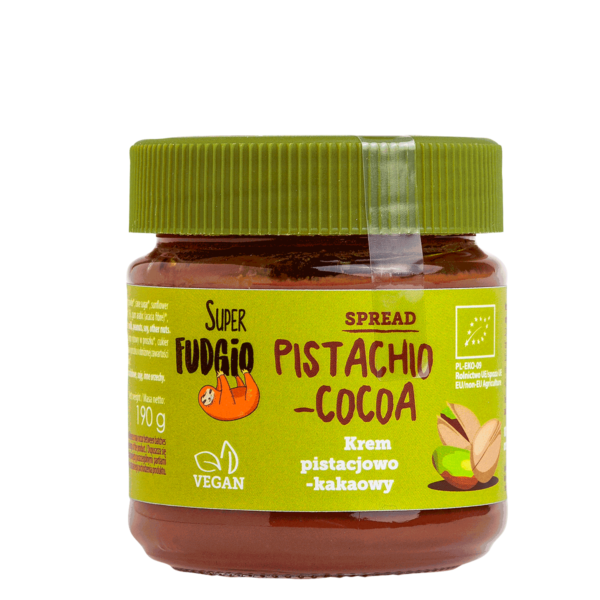 wegański krem pistacjowo kakaowy super fudgio; słoiczek kremu z zieloną nakrętką i zieloną etykietą, grafika pistacji, logo super fudgio z leniwcem