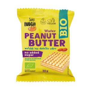 Ekologiczny Wegański wafelek peanut butter bez dodatku cukru; wafelek w jasno żółto-zielonym opakowaniu, z pionowym napisem BIO podkreslającym ekologiczny skład