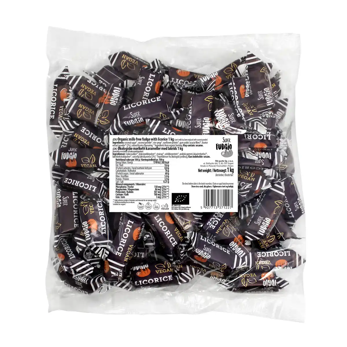 Organic milk-free fudges with licorice 1 kg 1 superfudgio wegańskie krówki bezmleczne o smaku lukrecji