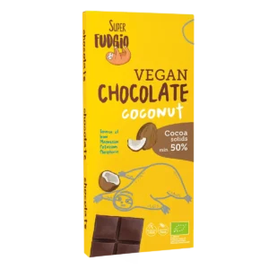 Ekologiczna wegańska czekolada kokosowa; czekolada w prostokątnym, żółtym kartoniku z grafiką leniwca i kokosa, z grafiką tabliczki czekolady, logo super fudgio