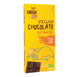 Ekologiczna wegańska czekolada pomarańczowa; czekolada w prostokątnym, żółtym kartoniku z grafiką leniwca i pomarańczy, z grafiką tabliczki czekolady, logo super fudgio