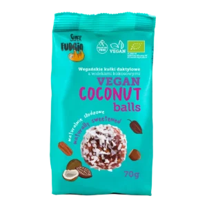 superfudgio kulki daktylowe z wiórkami kokosowymi; foliowe opakowanie w kolorze turkusowym, na zdjęciu kulka daktylowa z wiórkami kokosowymi, logo leniwca Super Fudgio