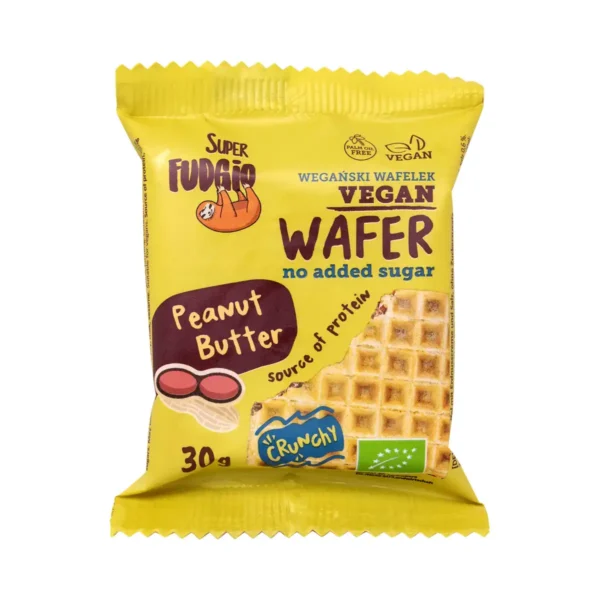 Ekologiczny Wegański wafelek peanut butter bez dodatku cukru; wafelek w jasno zielonym opakowaniu, z napisem crispy co wskazuje, że jest bardo chrupiący