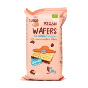 Organic wafers with cocoa-hazelnut  cream without added sugar. With sweetener <b>4 x 30 g</b>