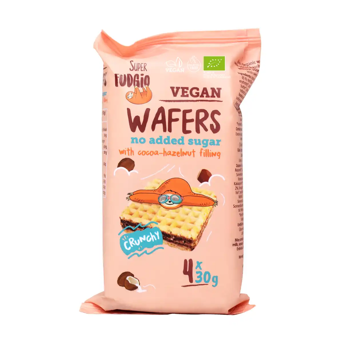 Organic wafers with cocoa-hazelnut cream without added sugar. With sweetener <b>4 x 30 g</b> 1 Organic wafers with cocoa-hazelnut cream without added sugar. With sweetener <b>4 x 30 g</b>