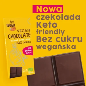super fudgio czekolada bez dodatku cukru w żółtym opakowaniu z tabliczką czekolady