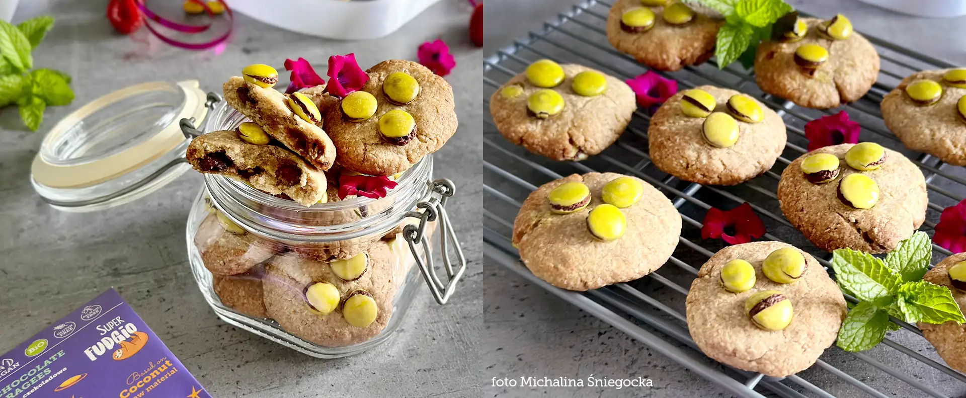wegańskie ciastka z drażami czekoladowymi ułożone w słoiku i na kratce do studzenia ciast