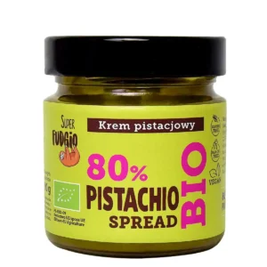 wegański krem pistacjowy 80% super fudgio; słoiczek kremu z czarną nakrętką i zieloną etykietą, grafika duży tekst 80% pistacji, BIO, logo super fudgio z leniwcem