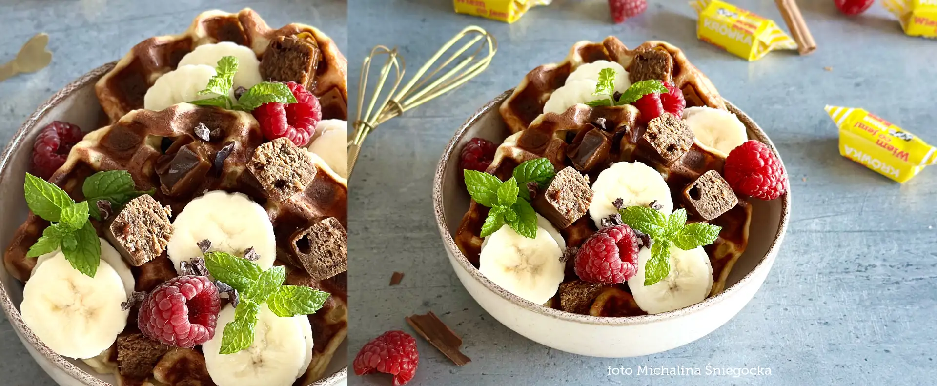 gofry z tofu z krówkami bananowymi w miseczce udekorowne plasterkami banana i malinami