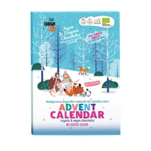 super fudgio kalendarz adwentowy z czekoladkami bez dodatku cukru; kartonik z niebiesko-białą grafiką z zimowym krajobrazem logo super fudgio