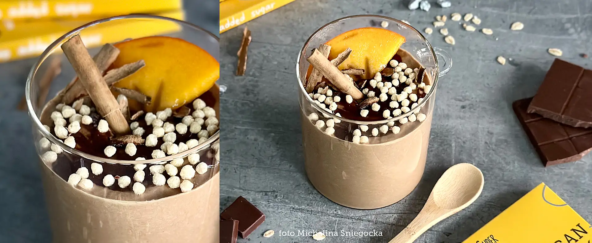 super fudgio wegański pudding z kaki podany w szklance, polany czekoladą i udekorowny białą posypką, cynamonem oraz plasterkiem kaki