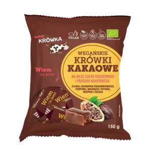 krówki bezmleczne kakaowe; foliowe opakowane w kolorze brązu z żółtym kółkiem, z krówką i ziarnem kakaowca; przezroczyste okienko przez które widać zawartość, cukierki w brązowym papierku, logo super krówka